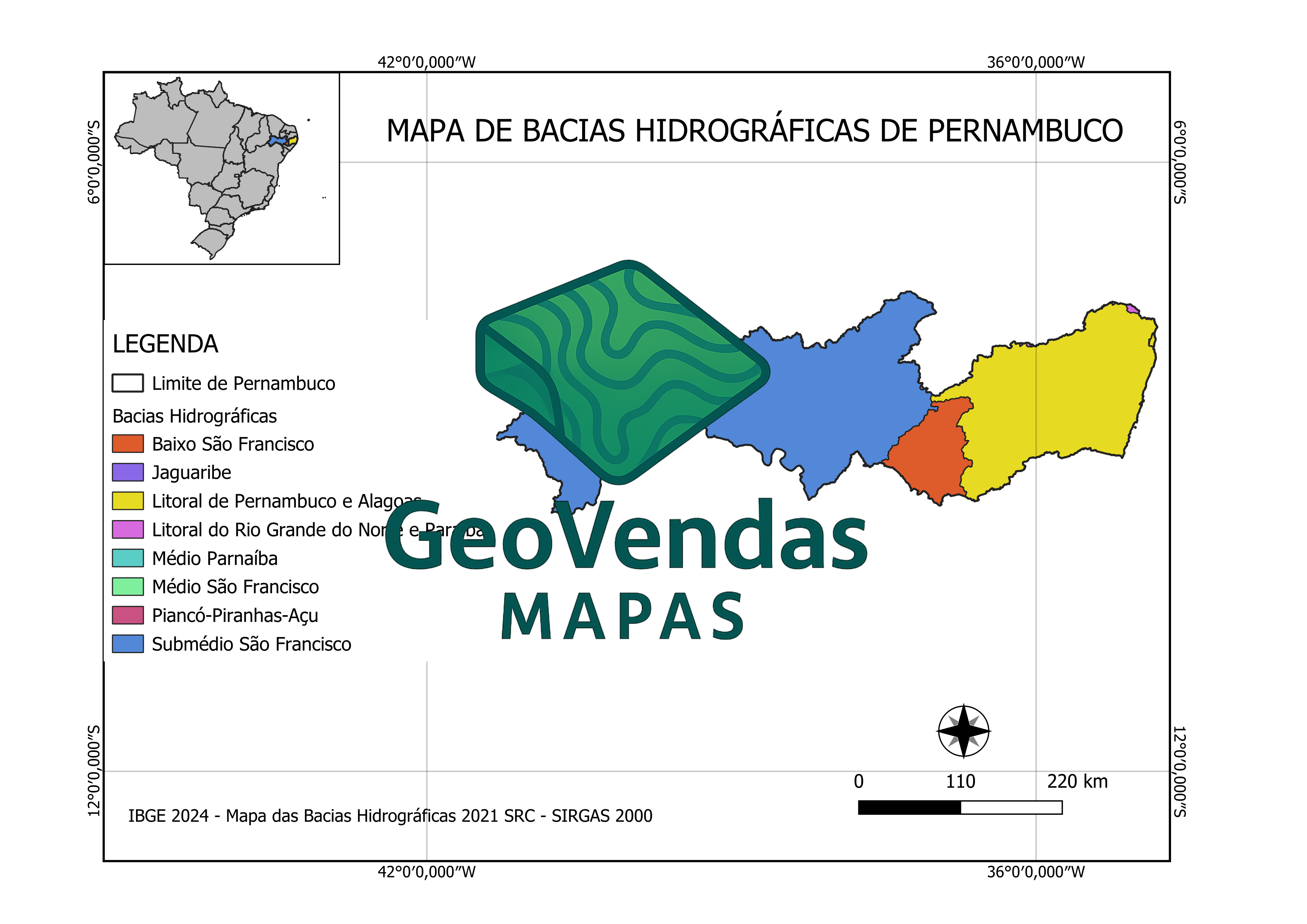 Mapa de Bacias hidrográficas de Pernambuco